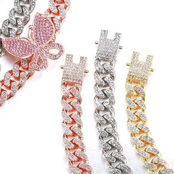 Rose Gold Pink Pave Butterflies 18" Iced Miami Cuban Link Necklace Bling New - Picture 8 of 8